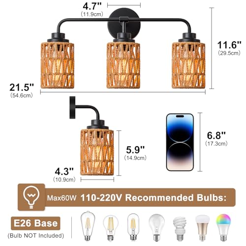 Image of Farmhouse Bathroom Light Fixtures, 3-Light Boho Vanity Lights | Hand Woven Rattan Wicker Shades, Rustic Vanity Lighting Over Mirror for Bedroom Bathroom Hallway Foyer Restroom