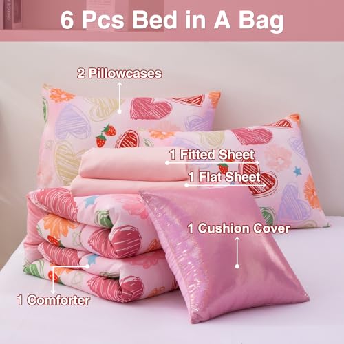 Image of A Nice Night 6 Piece Comforter Set Bed in a Bag with Comforter & Sheet Set,Watercolor Pink Bow Hearts Flower Strawberries Printed Bedding Sets Kids Girls,Twin