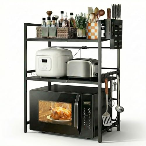 Consejos para Comprar Mueble para Microondas y Garrafon comprados en linea. 43 VIDITA Estante para Microondas Organizador de Cocina, Estante Extensible de 3 Niveles con Ganchos para Utensilios, Tabaquera y Portatablas,Soporte para microondas para Cocina Negro