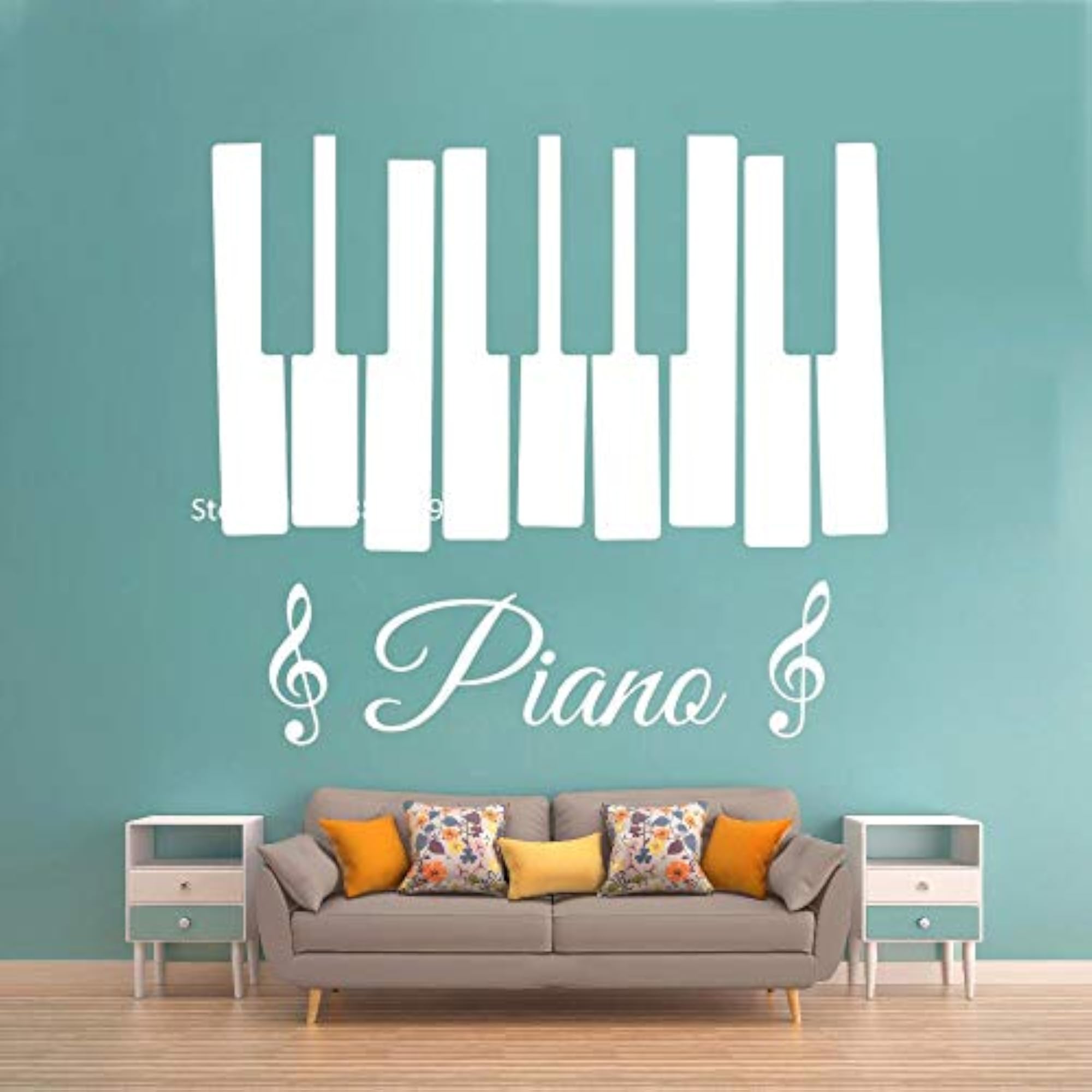 Piano Sign Wall Vinyl Decal with Musical Notes, AG20-DRP-2017