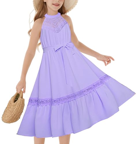 GRACE KARIN Girls Dresses Summer Spring Halter Maxi Dress Kids Ruffle Casual Flower Pleated Sun Dress Size 5-14