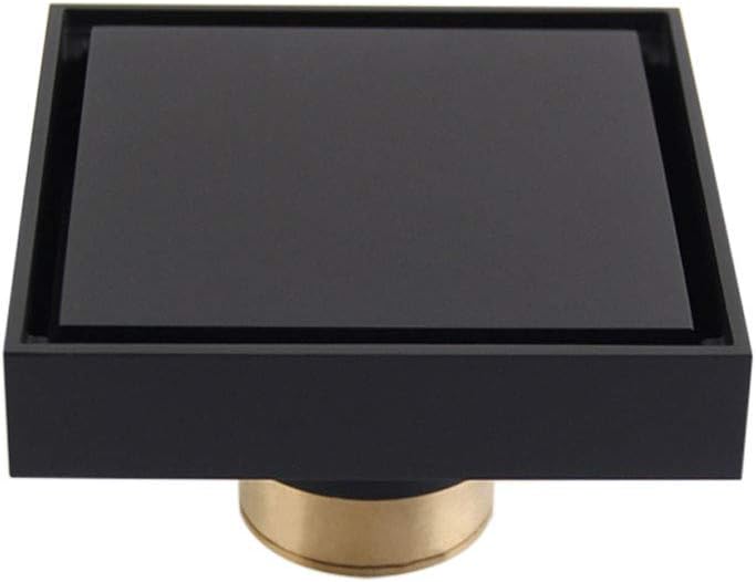 4 inch Solid Brass Square Shower Floor Drain with Tile Insert Grate Removable Cover Hair Catcher Strainer, Matte Black Plated Finish Anti Clogging and Odor