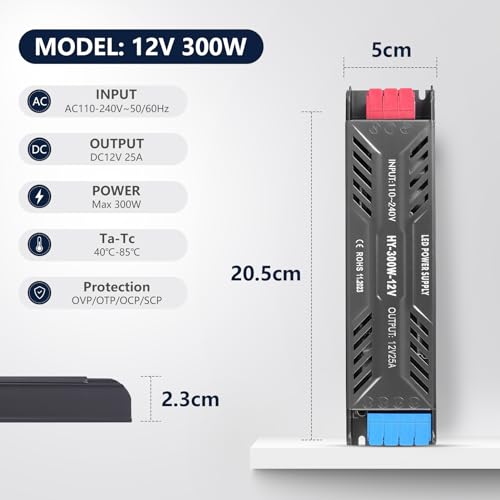 Image of LED Driver with Plug 12V 300W Ultra Slim LED Power Supply 110V AC to 12V DC 25A 300 Watt Quiet Low Volt Converter LEDs Transformer Constant Voltage for LEDs Strip Light, Indoor