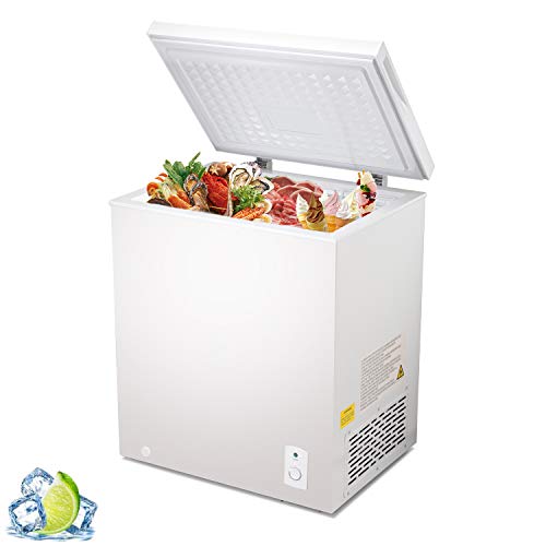 R.W.Flame Chest Freezer 5.1 Cubic Feet,Removable Basket, Deep Freezer,Adjustable Temperature,Energy Saving,Top open Door Compact Freezer,White
