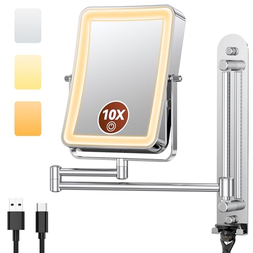 Glowtop Height Adjustable Wall Mounted Lighted Makeup Mirror with Lights, 10X Magnifying Mirror for Bathroom, 7in Slide Rail and 360° Extended Arm, Rechargeable Wall Mirror with Dual Hooks for Hotel