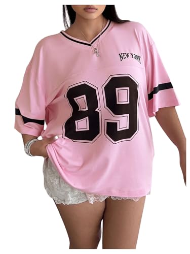 Verdusa Women's Plus Size Oversized Jersey Shirt Graphic Tees V Neck Short Sleeve Color Block Tops