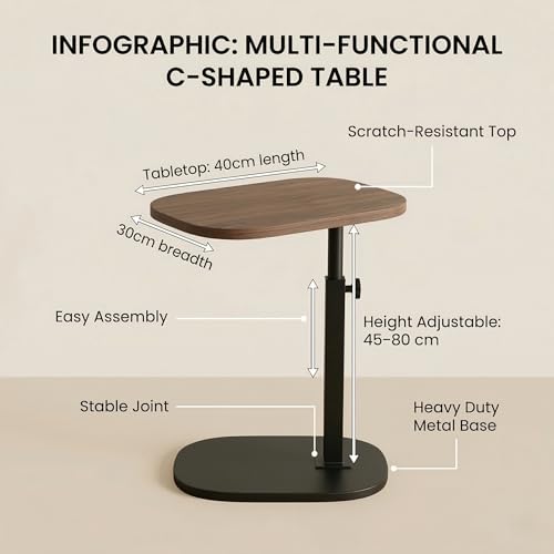 Image of VIRAH Adjustable Height C-Shaped Sofa Side Table - Walnut Color, Heavy-Duty Metal Base, Easy Assembly, Laptop /Tea Tray /Bedside, Living Room, WFH - Space-Saving Multi-Functional End Table.
