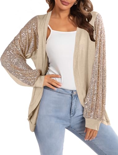 Sequin Cardigans for Women Sparkly New Year Tops Open Front Outerwear Coat Shimmer Glitter Loose Jackets Apricot