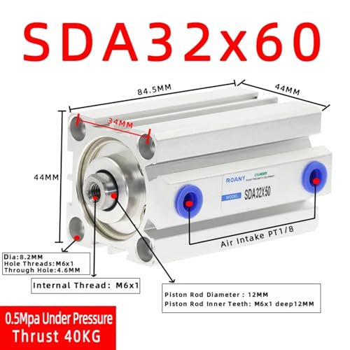 Cilindro compacto tipo SDA32 con carrera de 60mm, solución neumática para espacios reducidos. 3