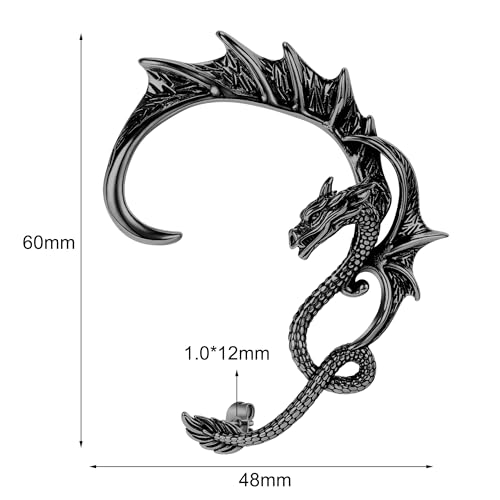 1PCS Gothic Dragon Ear Cuff Stainless Steel Retro Dragon Earrings Punk Snake Dragon Fish Crocodile Cuff Wrap Earrings Cartilage Climber Ear Earrings Stud for Women Men, Gold/Silver/Black2