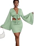 Picture of LYANER Women 2 Piece Vacation Outfits Tie Knot Front Bell Long Sleeve Crop Top and Mini Skirt Summer Set Light Green Large