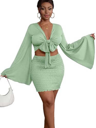 Image of LYANER Women 2 Piece Vacation Outfits Tie Knot Front Bell Long Sleeve Crop Top and Mini Skirt Summer Set