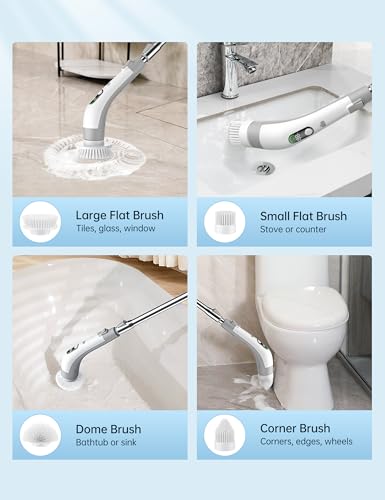 Vaxbree Electric Spin Scrubber with LED Display, IPX7 Waterproof Powerful Shower Scrubber, 2H Runtime, 2 Speeds, Adjustable Handle, 8 Brush Heads, Cleaning Brushes for Household Use Bathtub Tile Car