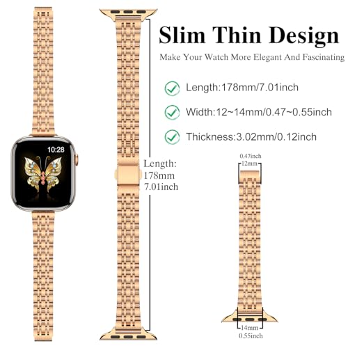 Image of MioHHR Slim Metal Band Compatible with Apple Watch Bands 42 /41 /40 /38mm | Thin Luxury Stainless Steel iWatch Bands Series 11 /10 /9 /8 /7 /6 /5 /4 /3 /2 /1 /SE3 /SE2 /SE for Women,Rose Gold