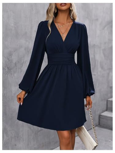 Image of SOLY HUX Women's Elegant Dress V Neck Long Sleeve High Waist Swing Prom Cocktail Short Dresses