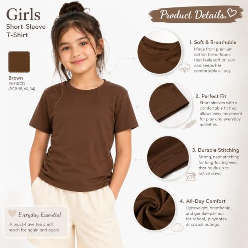 Image of Kids Round Neck Girls Tshirt | Short Sleeves | Natural Organic 100% Cotton Soft Comfortable Fabric | Plain Color Original Branded Half Sleeve | School t-Shirt for Girl Kid | Sleepwear Everyday Casual
