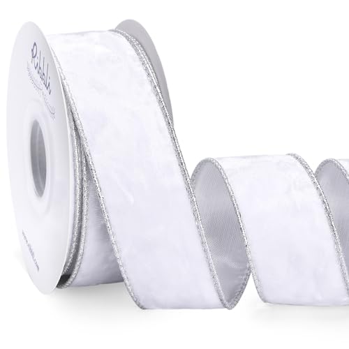 Image of Ribbli White Velvet Wired Ribbon 1.5 Inch Metallic White Silver Crushed Velvet Christmas Ribbon for Gift Wrapping Christmas Tree Decoration Crafts Wreaths Supplies-Continuous 10 Yards
