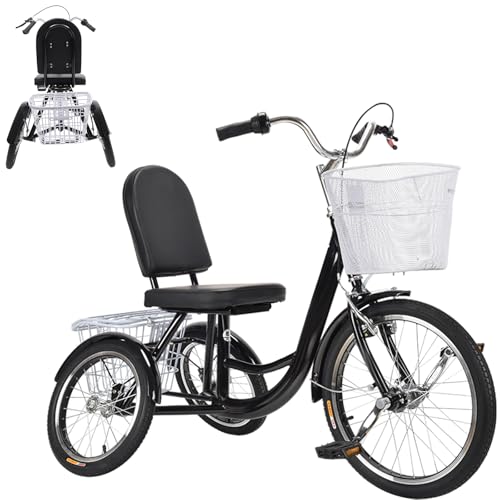 RUETERY Triciclo para adultos, bicicleta de 3 ruedas para adultos, triciclo antideslizante, altura ajustable, capacidad de carga 150 kg, con 2 cestas de compras, paseos de compras para personas