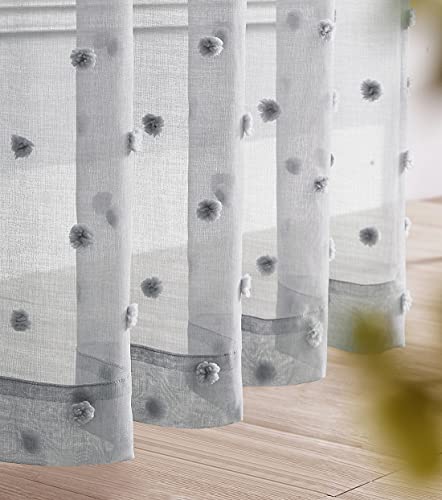 Pompom Grey Sheer Curtains 84Inches For Living Room Bedroom Decorative Light Filtering Window Curtain Drapes For Nursery 2 Panel Sets Rod Pocket Voile Curtains For Girls 54"W Pcs Rod Pocket #TOP6