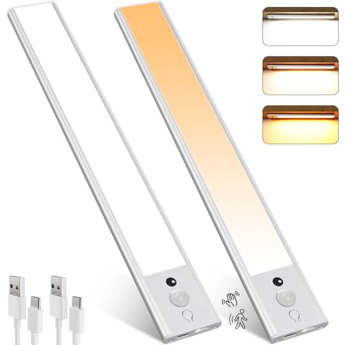 Electight 120 LEDs Under Cabinet Lights 3 Color Temps, 2 Pack 30CM Motion Sensor Light Indoor, 3000-6000K Dimmable Closet Lights, Rechargeable Under Counter Lights for Wardrobe, Kitchen, Stairs