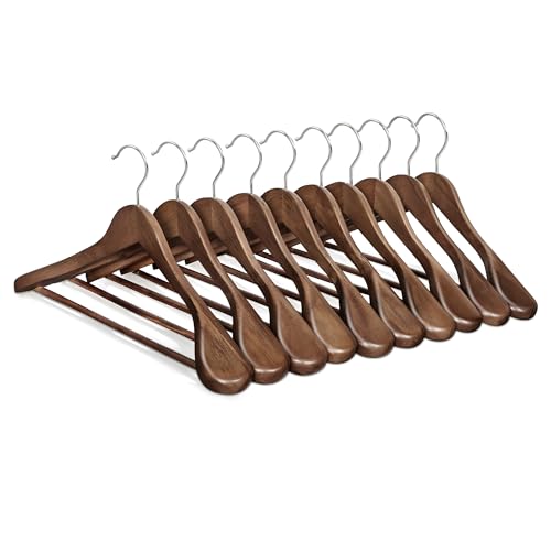 SONGMICS Extra Wide Wooden Suit Hangers, Set of 10 Clothes Hangers, Swivel Hooks, Non-Slip Bars, for Outfits, Suits, Coats, Shirts, Dresses, Walnut Color UCRW050KZ01