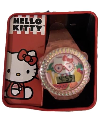 Sanrio Hello Kitty Kids LCD Watch – Pink Glitter Strap, Transparent Case, Iridescent Bezel, Digital Display, Cute Floral Printed Dial, Adjustable Fit, Perfect for Girls – Fits Wrists 5.5” to 8”3