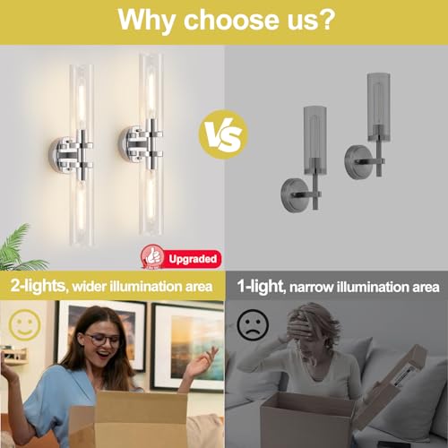 Image of Indoi Wall Sconces Set of Two, Hardwired Chrome Bathroom Sconces Wall Lighting with Clear Glass, Modern Sconces Wall Decor Set of 2 Bathroom Light fixtures for Mirror Living Room Hallway Bedroom
