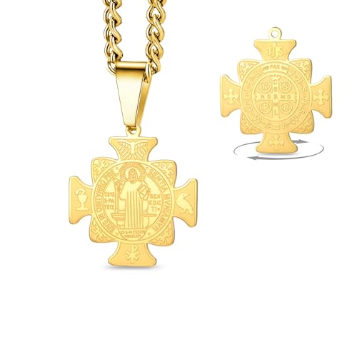 VASSAGO Collar Medalla St Benedict Acero inoxidable Collar con cruz Medalla de San Benito católica Demon Exorcism Colgante Protección amuleto joyería para hombres mujeres (Oro)