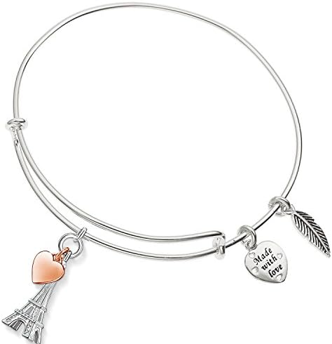 Enni of York Inspirational Bracelets for Women Gifts Expandable Silver-Tone Jewelry Bangle Bracelet (Eiffel Tower with Heart)