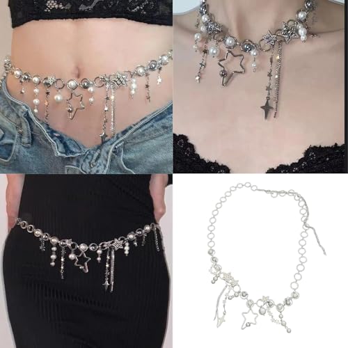 Stylish Five Point Star Button Fringe Waist Chain Adjustable Metal Belt Accessory For Women Lady Party Outfit Stylish Metalli2