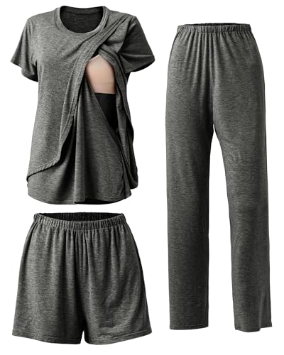 Image of Rnxrbb 3 Piece Postpartum Nursing Pajamas Set Casual Soft Maternity Breastfeeding Pjs Sleepwear Loungewear Clothes Layer