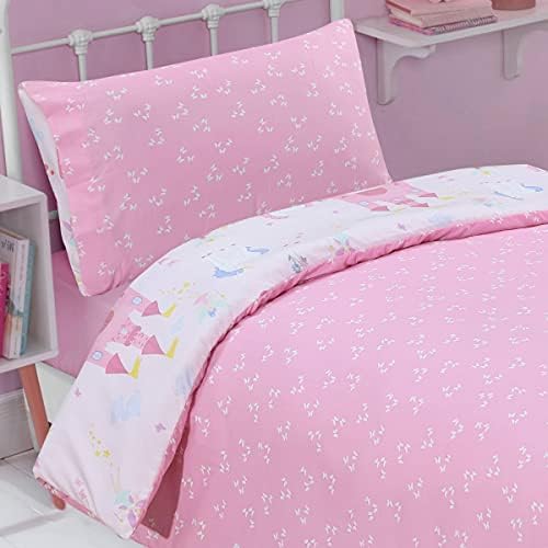 Sleepdown Magical Fairytale Kingdom Unicorn Pink White Butterflies Soft Easy Care Duvet Cover Quilt Bedding Set with Pillowcase - Single (135cm x 200cm)