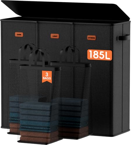 Vexalora 185L Laundry Hamper 3 Section, Laundry Hamper with Lid, Dirty Clothes Hamper with 3 Removable Washing Bags, Extra Large Laundry Basket Organizer for Bedroom, Laundry Room, Dorm - Black