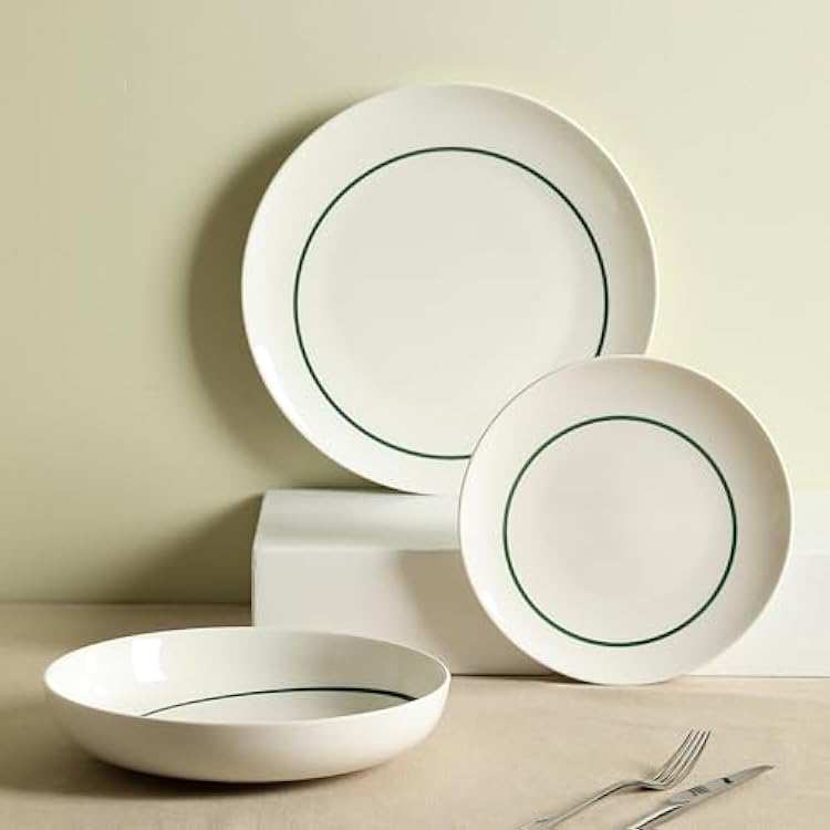 Stone Lain Luna 12-Piece Porcelain Dinnerware Set, Plates and Bowls Set, Dish Set for 4, Green