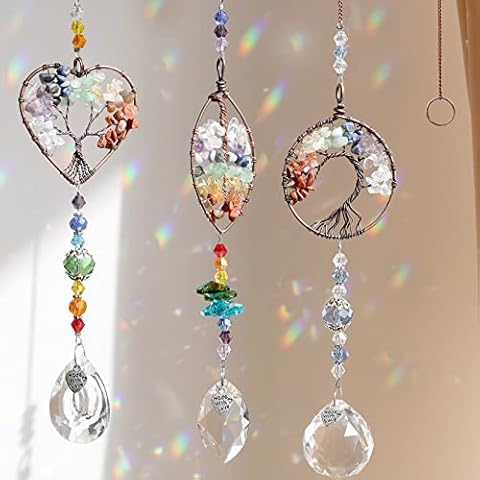 3pcs Crystal Suncatchers for Windows Hanging Tree of Life Sun Catchers Decor with Prisms for Car, Chakra Feng Shui Decor for Home , Pack of 3 Cover