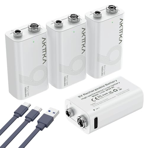 AKTTKA 9V充電式電池 1000mAh×4個入り 006p充電池 USB充電、煙探知機、マイク、火災警報器、トランシーバー、電子玩具に適用