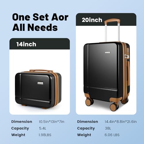 Image of 2 Piece Lightweight Luggage Set, 14 inch 20 inch Carry on & Checked Suitcase with TSA Lock, Durable Hardshell & Silent 360 Wheels for Business Travel, Airline Approved Professional Black