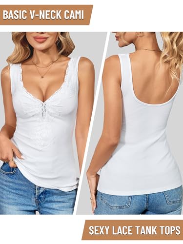 Image of Womens Lace Tank Top Sexy Deep V Neck Wide Strap Tops Fitted Basic Cami Shirts