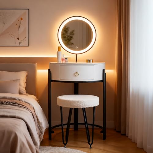 Coiffeuse avec Miroir LED, Pierre Sinterisée & Simili Cuir, Coiffeuse avec Tiroirs et Tabouret, pour Chambre, Design Moderne, Blanc