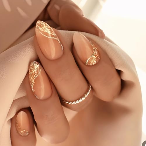Gold Glitter French Tip Press on Nails Medium Almond Fake Nails Nude Nails Press ons with Lines Designs Acrylic False Nails Full Cover Glue on Nails Stick on Nails for Women Nail Decorations 24 Pcs