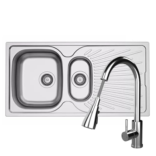 Image of Liquida JAV15SS 1.5 Bowl Reversible Stainless Steel Kitchen Sink & KPO11CH Tap