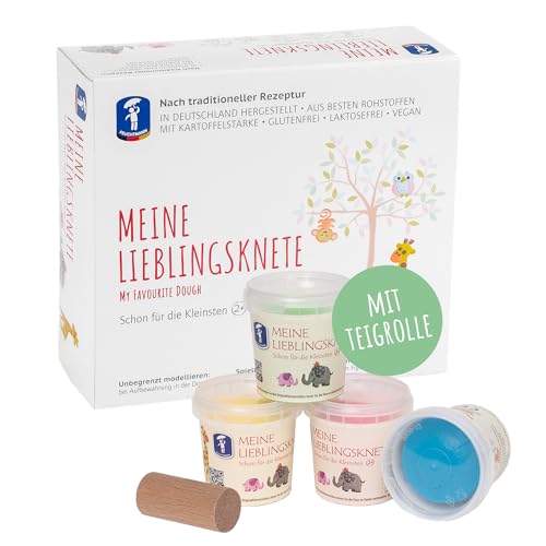 Feuchtmann MEINE LIEBLINGSKNETE mit Teigrolle - Knetset 4x150g, vegane glutenfreie Knete, natürliche Kinderknete, ungiftig, Spielknete für kreatives Spielen
