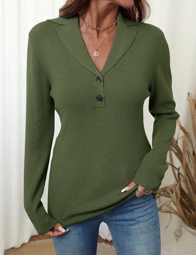 Image of LOMON Sweaters for Women 2025 Fall Knitted V-Neck Collared Button Pullover Dressy Casual Long Sleeve Polo Shirts Business
