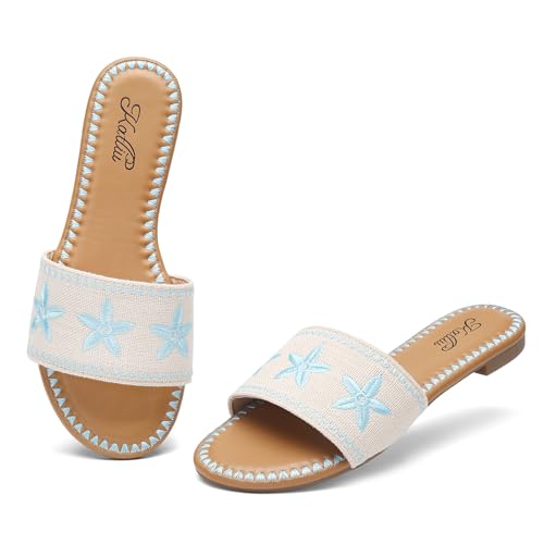katliu Women's Flat Sandals, Seashell Starfish Sandals, Boho Embroidery Floral Slide Sandals, Summer Beach Flats Blue 8