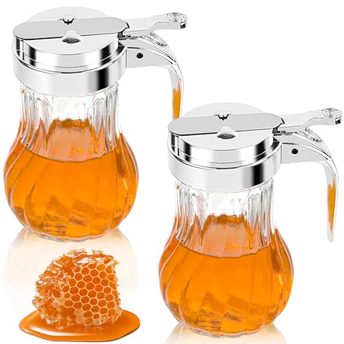 YEXEXINM 8oz Syrup Dispenser Honey Pot, Elegant Textured Jar, Commercial Quality, 2Pcs, Clear Glass, 8.5 oz Capacity, Ideal for Honey & Syrup Storage