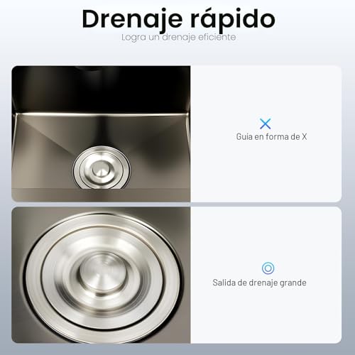 Miniatura 7 de Fregadero De Acero Inoxidable De 45 X 40 Cm, Color Negro, Con Grifo Extraíble Y Lavavajillas Para Tazas, Fregadero De Cocina Multifuncional, 1 Lavabo, Incluye Tubo De Drenaje, Dispensador De Jabón
