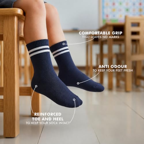 Image of Supersox Regular School Uniform Socks for Kids | Navy Colour-White Stripe | Combed Cotton, Breathable, Moisture Absorbent & Anti Odour | Extra Durable Welt for All-Day Comfort | Pack of 5
