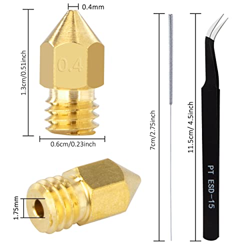3D Drucker Düsen MK8 Extruder Düse 0.4 mm M6 Messing Nozzle Set mit Reinigungsnadel und Pinzette für Makerbot Creality CR-10 Ender 3 5 usw 22 Stück
