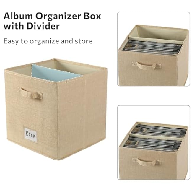 13-Inch Vinyl Record Storage with Divider, Album Storage Organizer Box for Vinyl Records up to 50+ 12-Inch Albums, LP Album Record Box with Lid