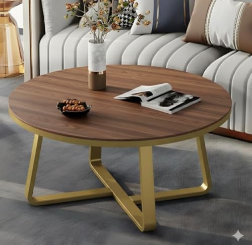 Image of Modern Round Wooden Coffee Table | MDF Wood Finish Top | Gold Metal Base | Minimalist Centre Furniture Accent Piece for Living Room Bedroom Lounge Office Apartment Home Decor